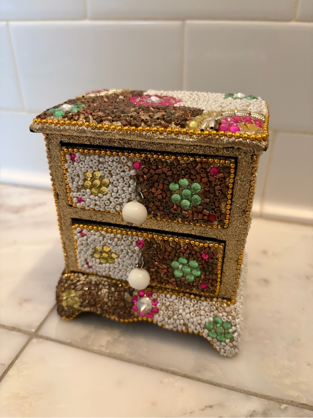 Hand-Beaded Two-Drawer Jewelry Chest in Gold, White & Mint